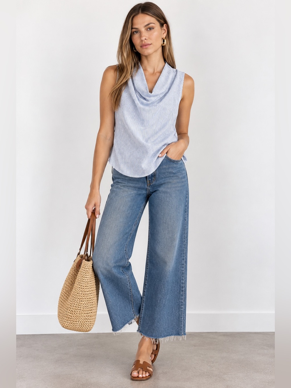 Sleeveless Blue Stripe Cowl Neck Top